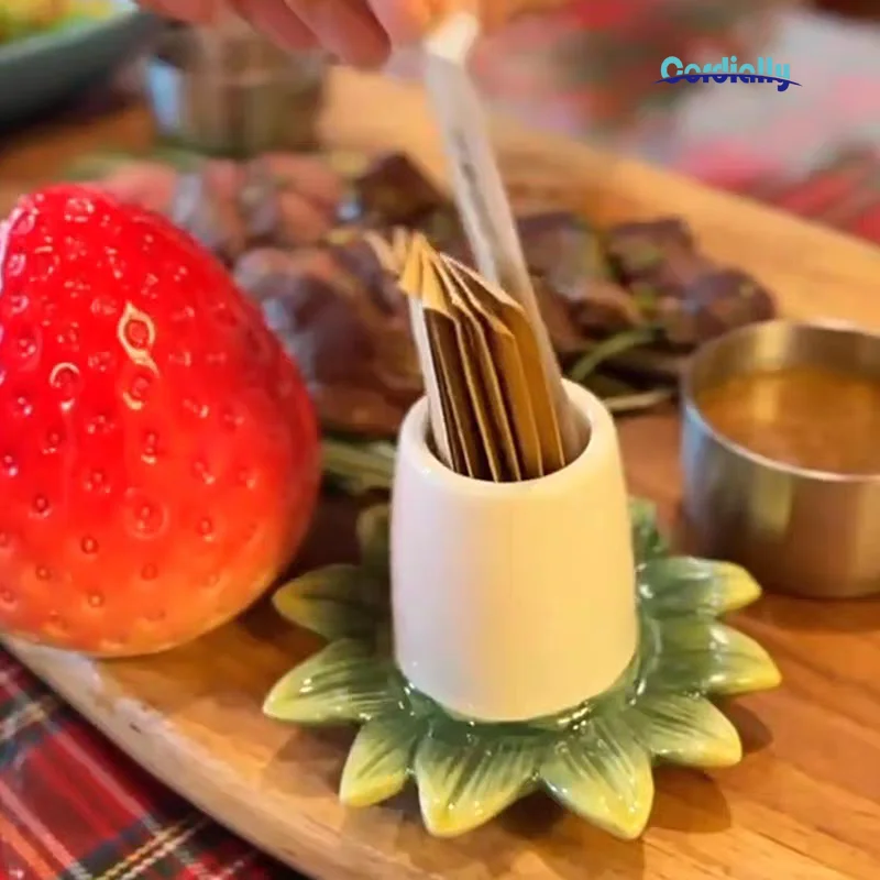 Ceramic Toothpick Holder Underglaze Strawberry Toothpick Box Creative Home Storage Dental Floss Jar Table Decor