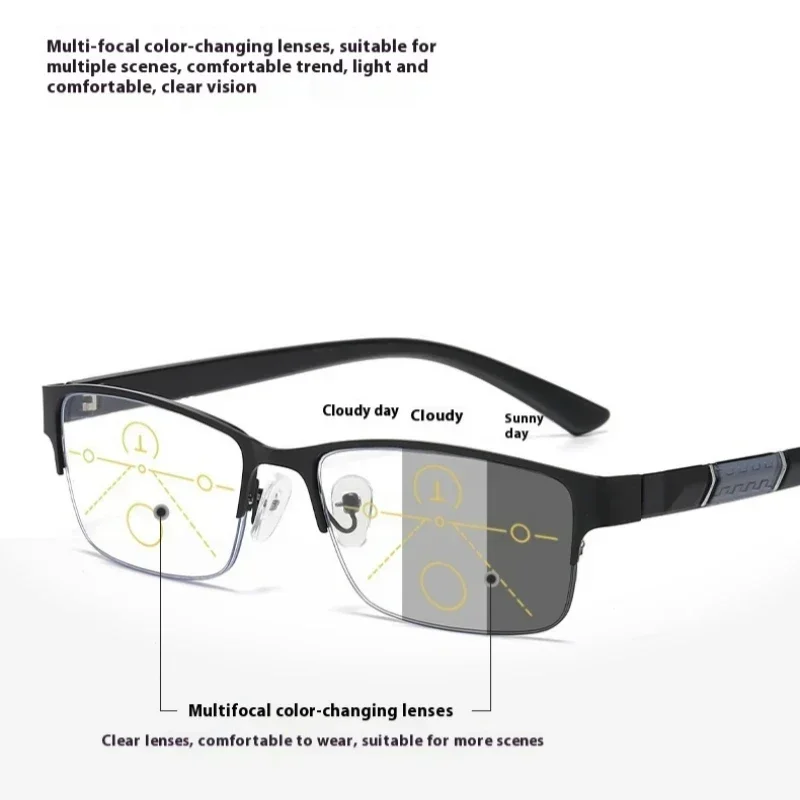 Men Business Presbyopia Photochromic Multifocal Eyewear Metal Frame Far Sighted Eyeglasses with Sunshades Smart Reading Glasses