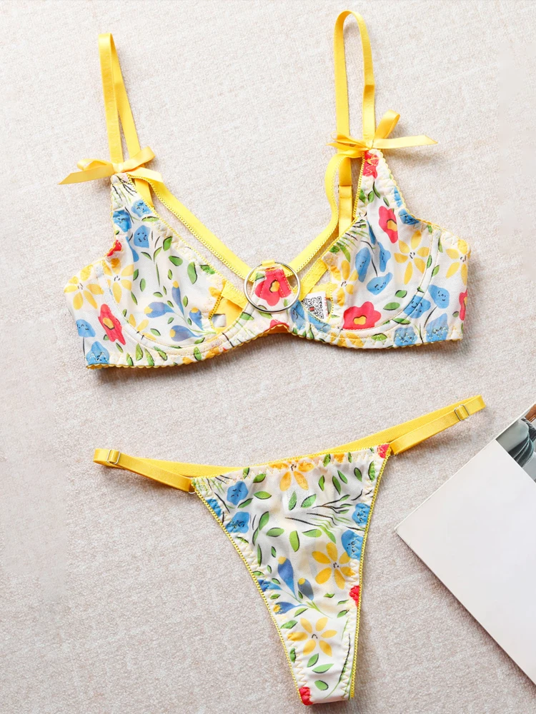 Women Bra and Briefs Sets Lace Flower Embroidery Sexy Perspective Underwire Erotic Lingerie Panty Two-Piece Underwear Set