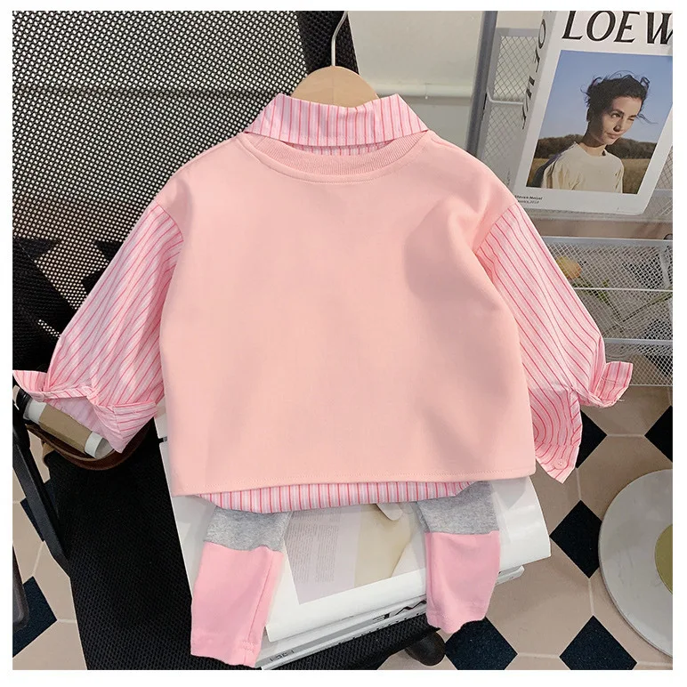 Girls' Spring and Autumn 2025 New Fashionable Children's Baby Shirt with Bottom Pants Kiss Fashion Three Piece Set
