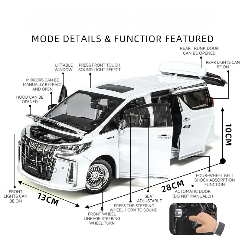 1/18 Toyota Alphard MPV duży rozmiar aluminiowy Model samochodu odlewany Metal pojazdy zabawkowe Model samochodu symulacja dźwięk i światło prezent dla dzieci