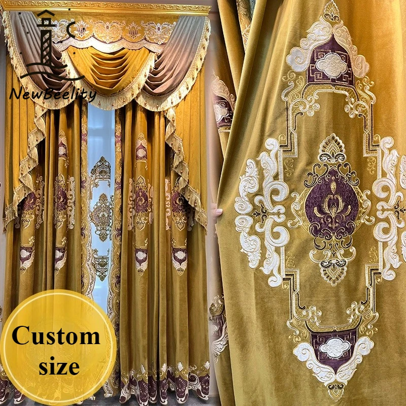 European Style Palace Luxury Blackout Embroidered Velvet Window Curtains for Living Room Bedroom Dining Valance Custom Size