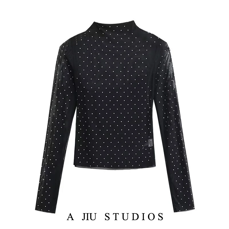 

Сексуальная прозрачная футболка Long Sve Me + Bla с эластичным ремешком ved Высокий воротник со стразами База irt Женская мода Spri...