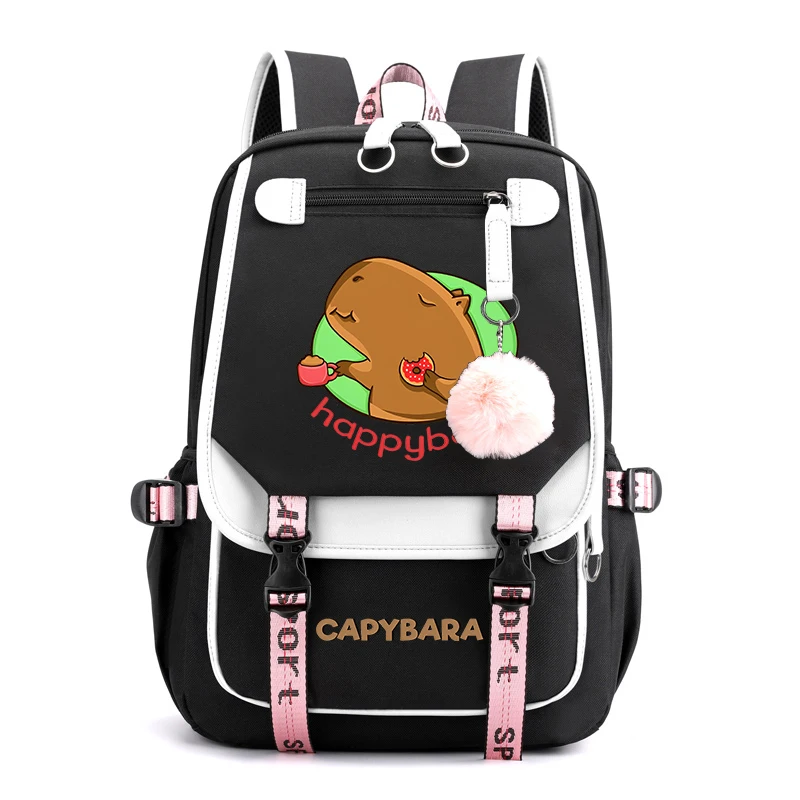 Cute Animal Capybara Printed Student Schoolbag Girls Black Backpack USB Travel Bag