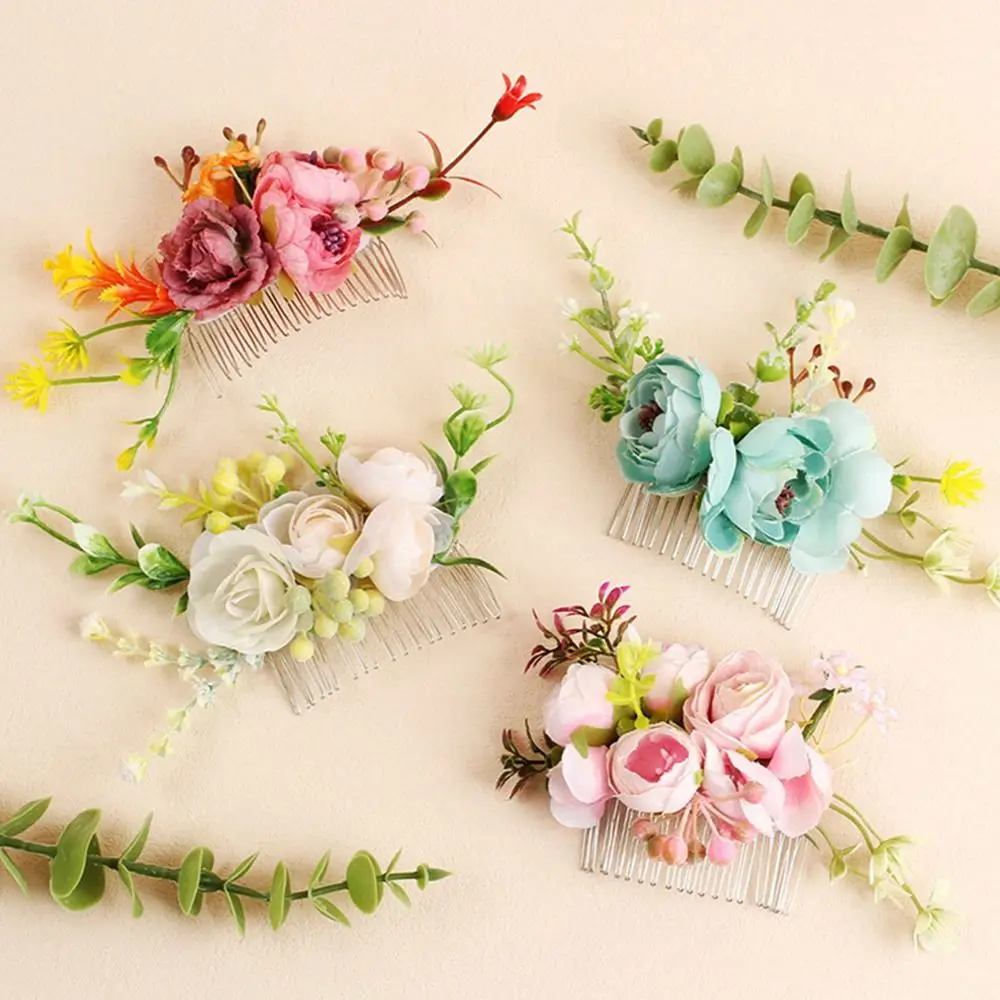 Flower Hair Comb Elegant Bridal Crystal Hair Ornaments Rustic Wedding Floral Women Flower Leaf Hair Comb Brides Hair Accessories