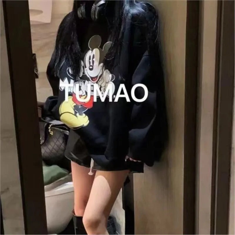 Pullover hoodie Women Spring And Autumn Thin Section New Heavy Industry Embroidery Striped Mickey cartoon Loose Pullover Top