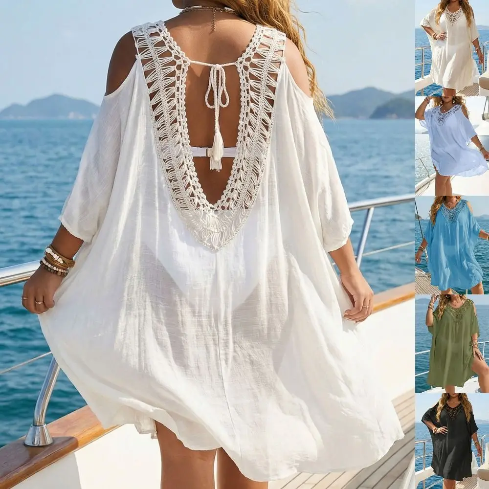 

Fashion V Neck Swimsuit Cover Up Dress Hollow Out Loose Beachwear Shirt Vacation Casual Summer Sunscreen Smock for Women