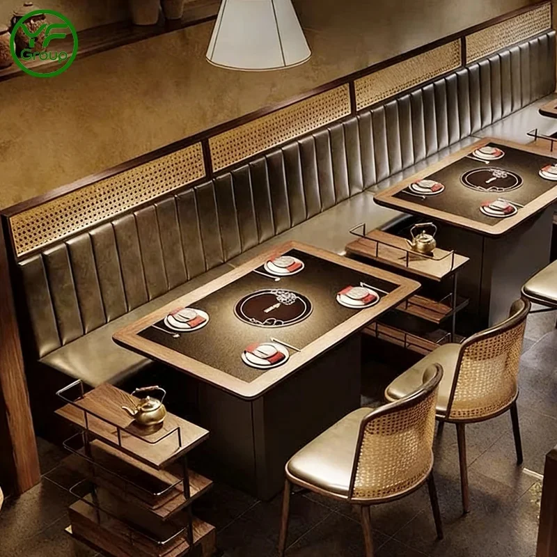 Modern Wooden Rattan Restaurant Booths Seating with Leather Designs Seating Sets for Restaurant Furniture