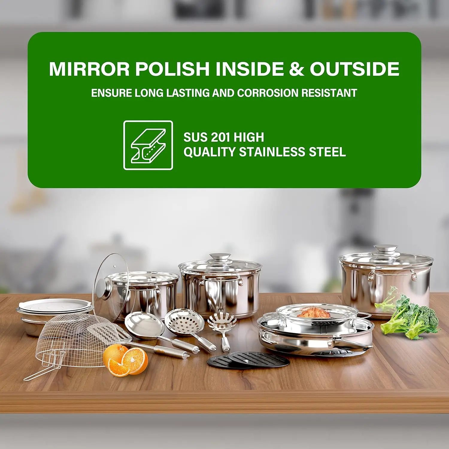 طقم أواني طهي المطبخ من الفولاذ المقاوم للصدأ مكون من 18 قطعة، بما في ذلك قدر، وطاجن مع غطاء من الزجاج المقسى، ومقلاة، وبخار، وسلطة Bo