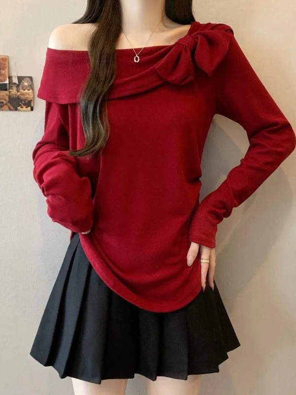 

Ele Red Knot Slant oulder Long Sve T-irt Women's plus Size Spring Casual Sle Irregular Hem Top