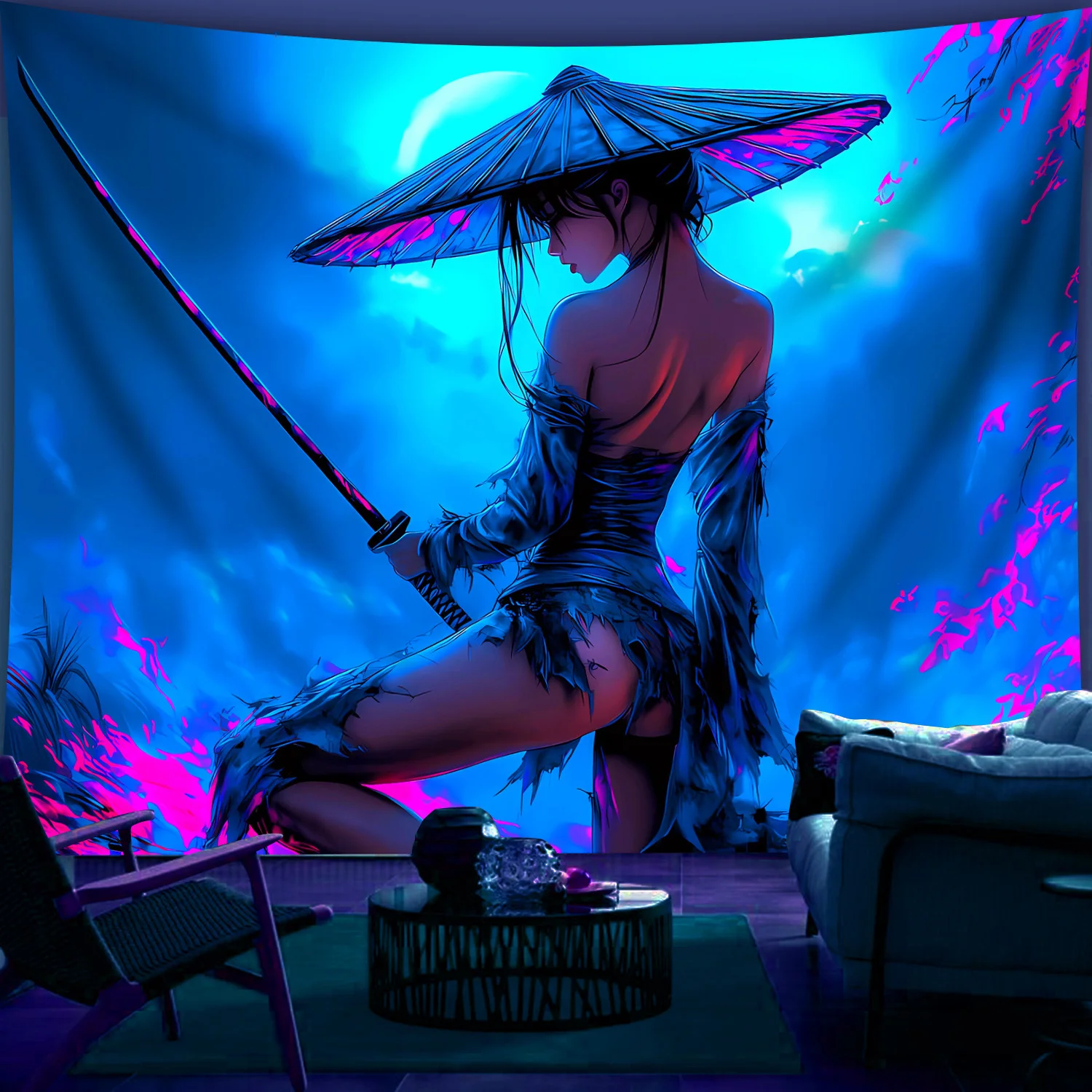 VIKAMA Neon Warrior Girl Tapestry Cyberpunk Style Wall Decorative Cloth for Bedroom Gaming Room Atmosphere Hanging Cloth