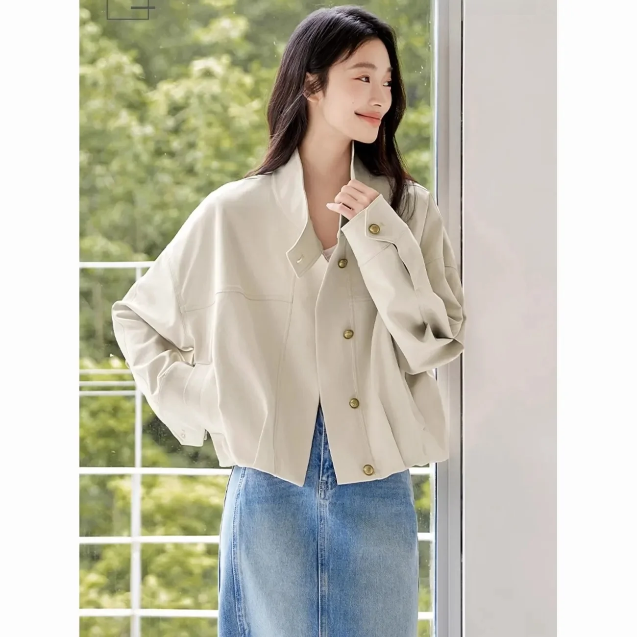 

Faionable ort Stand Collar Loose Jaet 2025 Spring Autumn New Arrival Ladies Casual Outerwear Windbreaker Coat