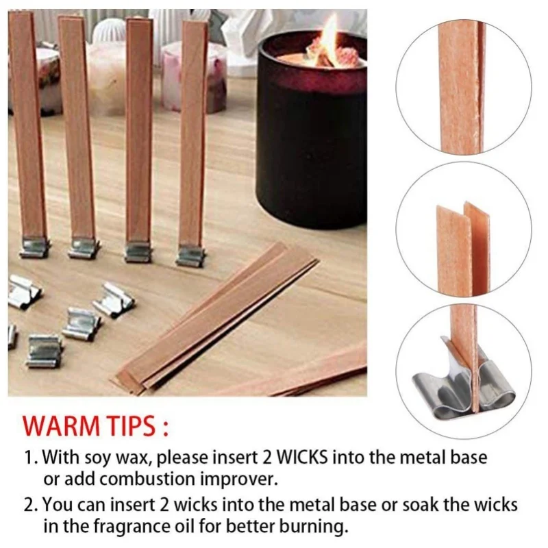 Sumbu Lilin Kayu 0.6x5.9in Tanpa Asap untuk Pembuatan Lilin dengan Dudukan Baja Tahan Karat untuk Pembuatan Lilin DIY