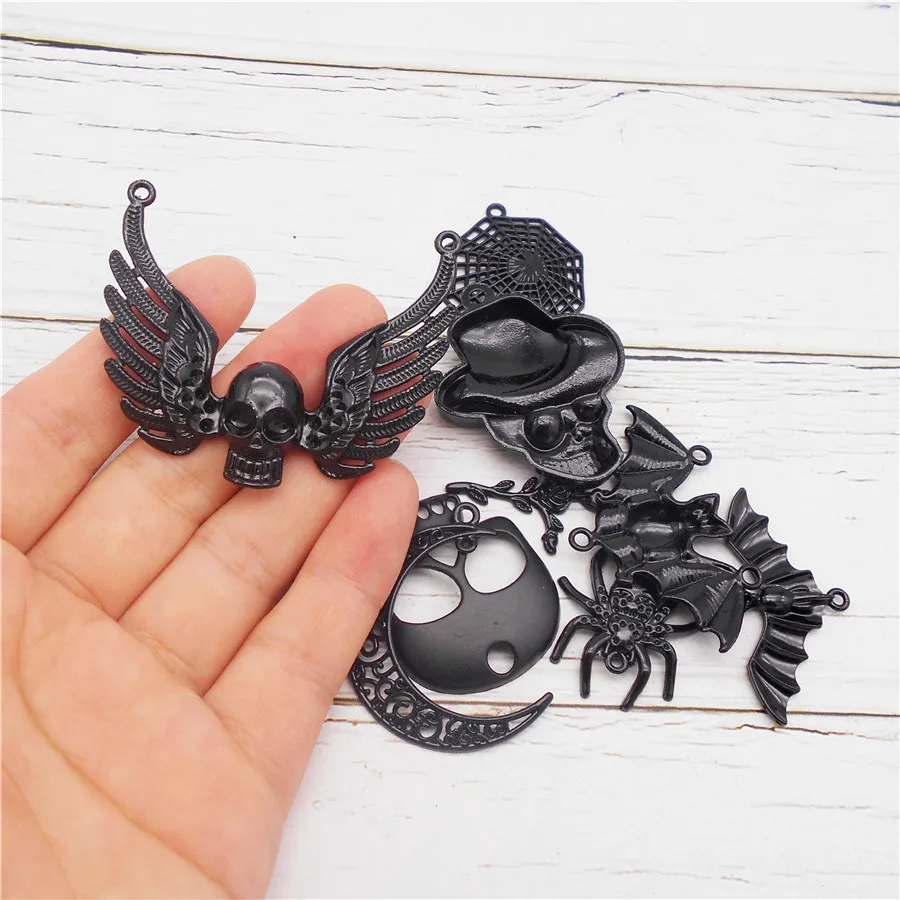 Julie Wang 6/9PCS Enamel Halloween Charms Alloy Black Bat Skull Spider Moon Pendant Necklace Bracelet Jewelry Making Accessory