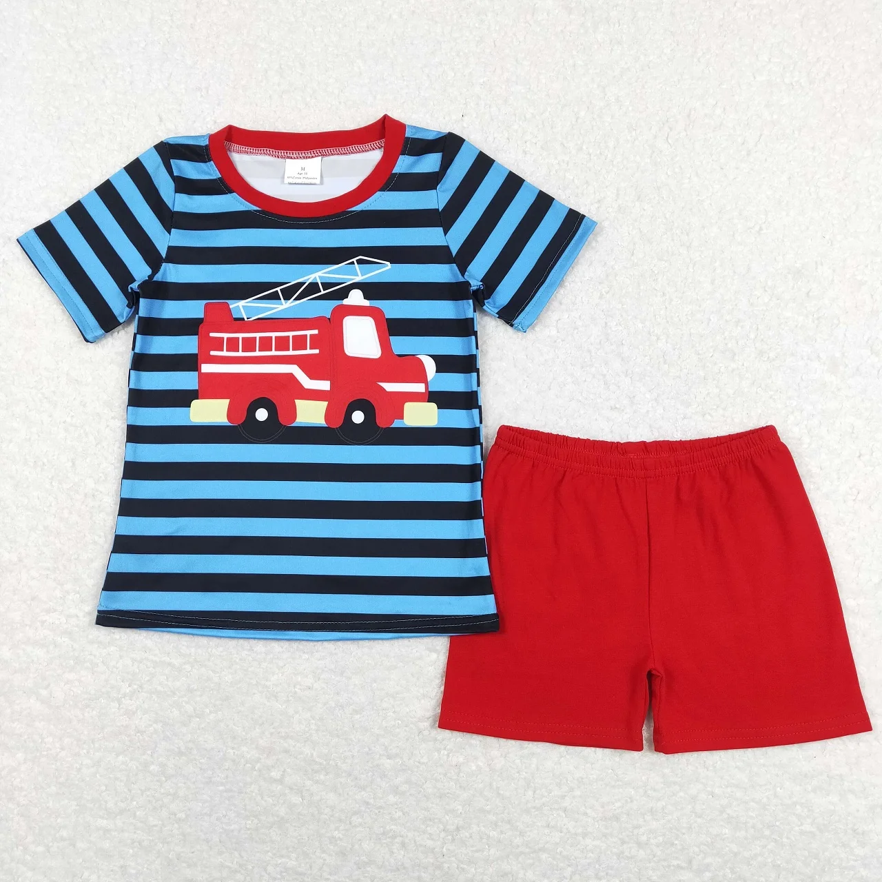 

Wholesale hot sale children’s clothing for Baby Boys Clothes Car striped blue short-sleeved red shorts suit