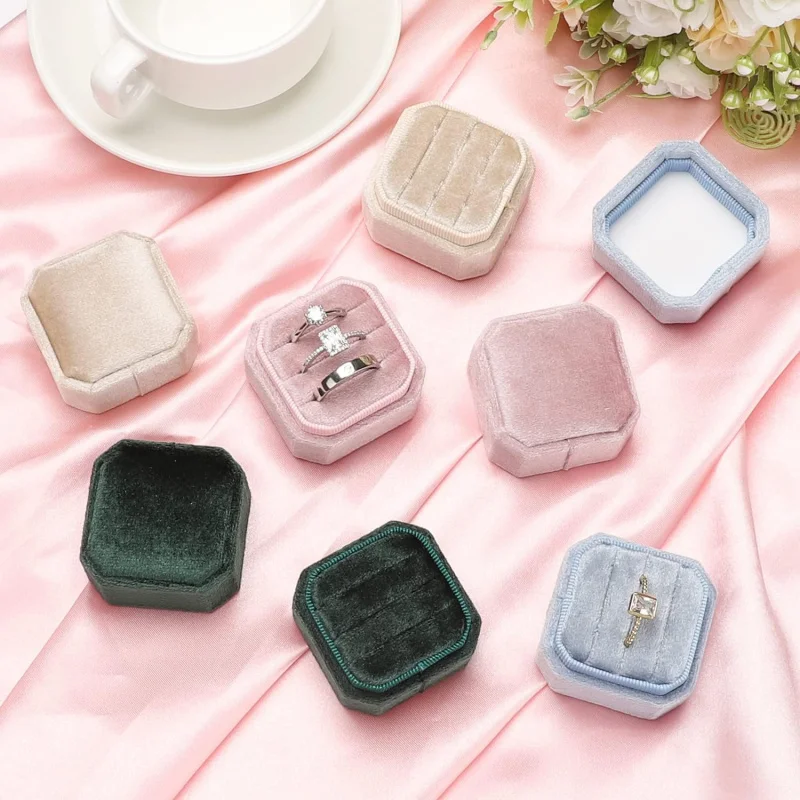 Octagon Velvet Jewelry Box Double Ring Storage Box With Detachable Lid For Engagement Wedding Ring Packaging Display Gift Box