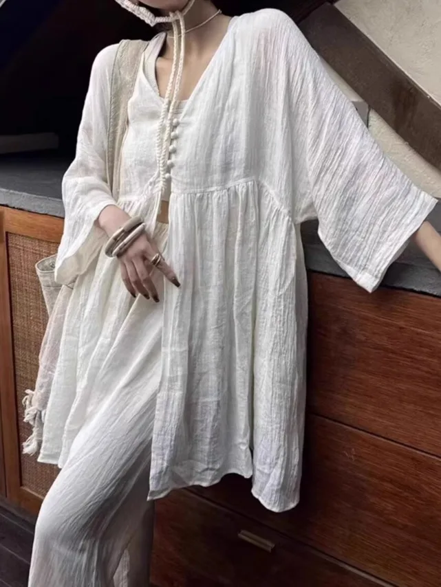 

Льняная защита от солнца в стиле ретро, женская свободная утягивающая легкая накидка с кондиционером, топ на лето 20л.