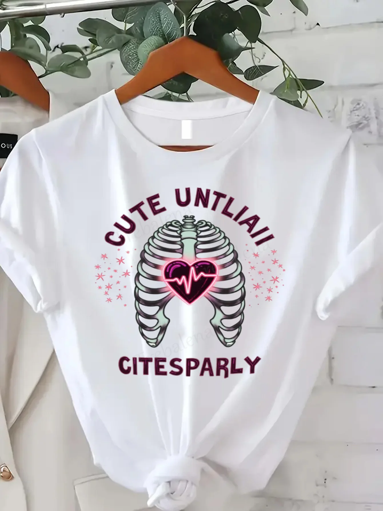 Round Neck T-shirt Cute Until I Cite Sparly Funny Skeleton Heart T-Shirt Women's Plus Size Short Sleeve Tee Fashion Casual Top