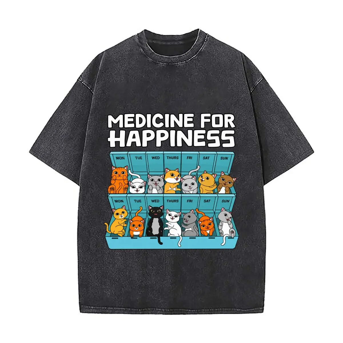 Medicine For Happiness Cats Weekly Calendar Vintage Distressed Loose Streetwear Tops