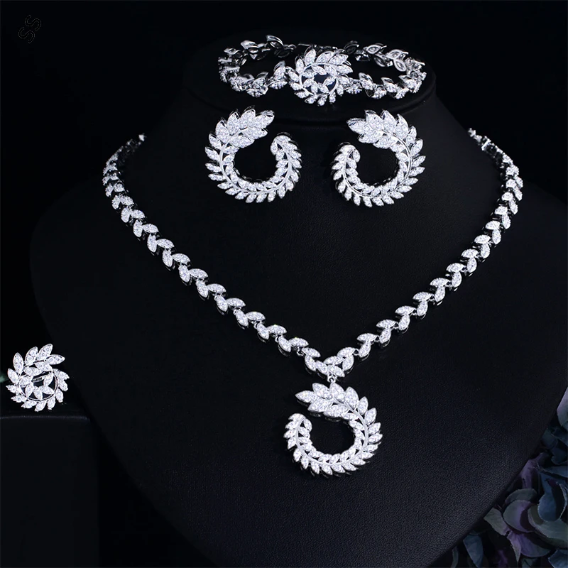 

Bridal Wedding Dress Four-piece Set Necklace Earring Ring Bracelet of Copper Micro-inset Cubic Zirconia Jewelry Suits Accessory