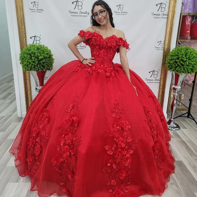 EVLAST Red Shiny Sweetheart Princess Quinceanera Dress 2024 Ball Gown Beads Crystal 3DFlower Sweet 16 Vestido De 15 Años TQD040