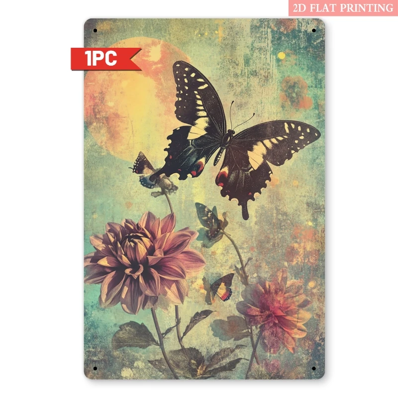 Vintage Schmetterling Dahlie Metall-Blechschild 20x30cm Retro Blumen-Wanddekoration Eisenplakette für Veranda und Zuhause