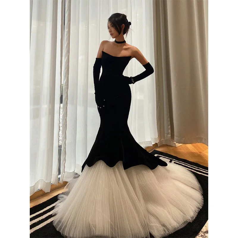 Vestido de cola de pez para banquete de terciopelo vintage tostado