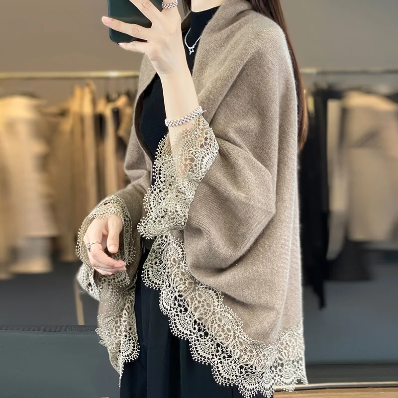 Popular Lace Edge 100% Wool Knitted Shawl Spring Autumn Thin Women\'s Soft, Skin friendly, Breathable, and Fashionable Cardigan