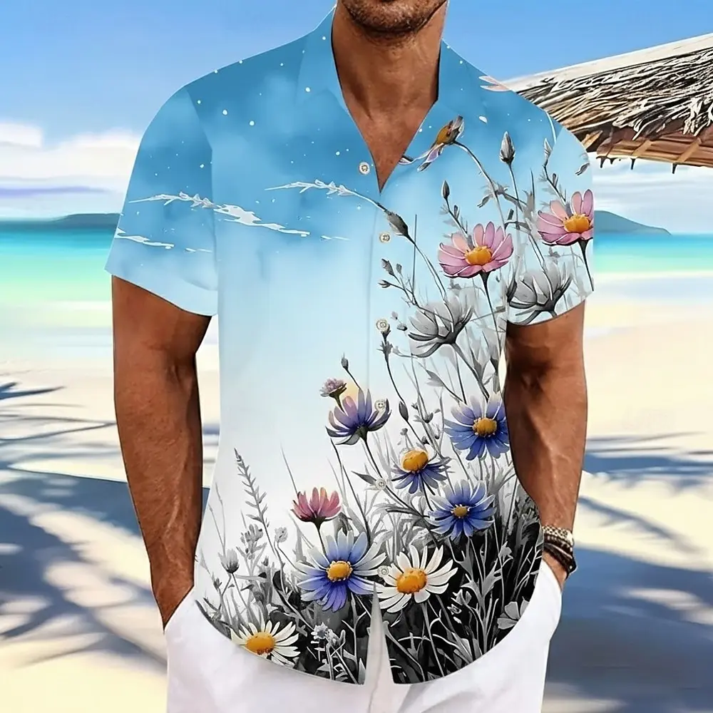 Men's Daisy Floral Print Flowers Summer Hawaiian Shirt Button Up Shirt Aloha Shirt Short Sleeve Hawaiian Casual Vacation Summer