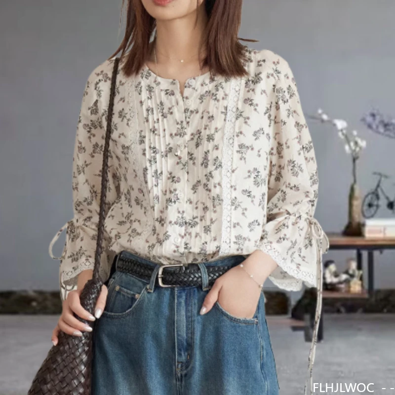 

Cotton Blends Tops Blouses New 2025 Women Summer Cute Sweet Japan Girls Preppy Style Stripe Floral Retro Vintage Button Shirts