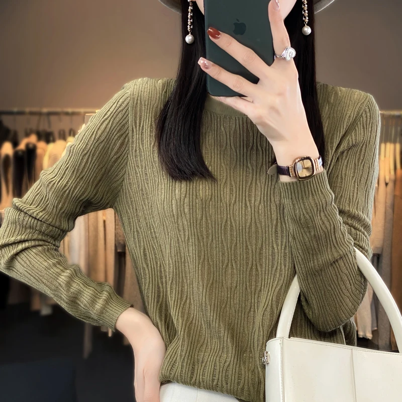 23 Autumn Winter New Woolen Sweater Women's Round Neck Long Sleeve Pullover Loose Hollow Out Simple Solid Color Versatile Knit
