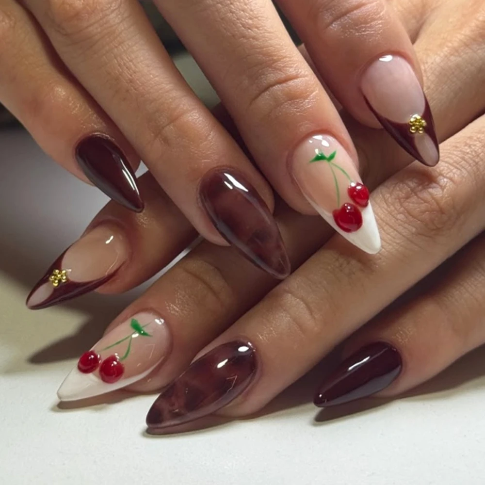 

3D Cherry Brown Halo Dyeing French White Nail Art Chic Almond Wearable False Nails Detachable Finished Fake Nails Press on Nails