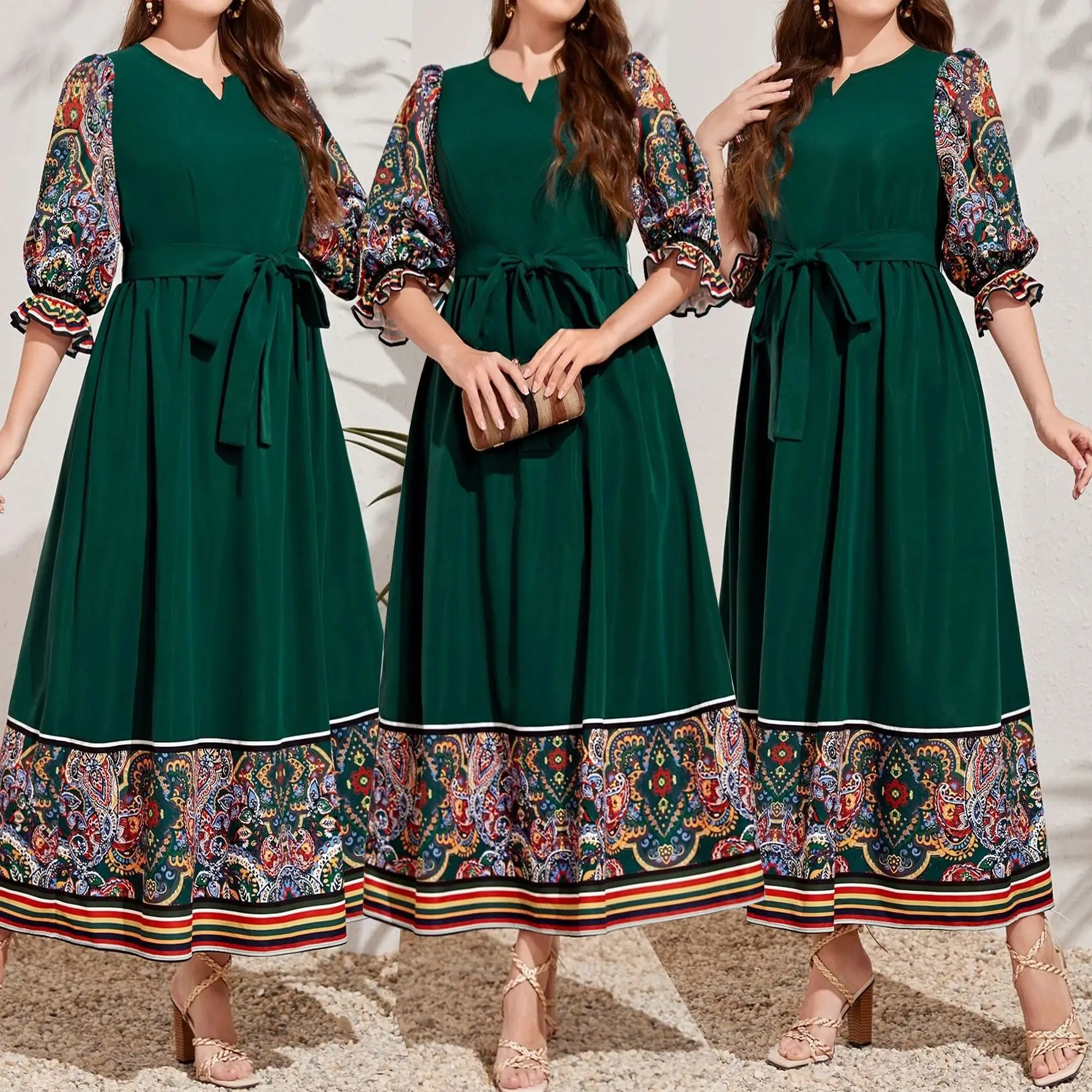 

Middle East Muslim Women Print V-Neck Maxi Dress Summer Kaftan Dubai Abaya Eid Djellaba Caftan Marocain Femme Vestidos Jalabiya