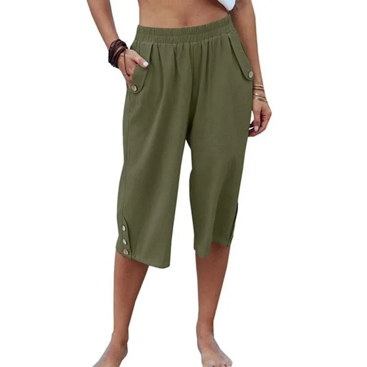 Women Linen Pants Straight Leg Capri Pants Button Detail Side Slit Cropped Pants Wide Leg Three Quarter Pants Light Gray Black