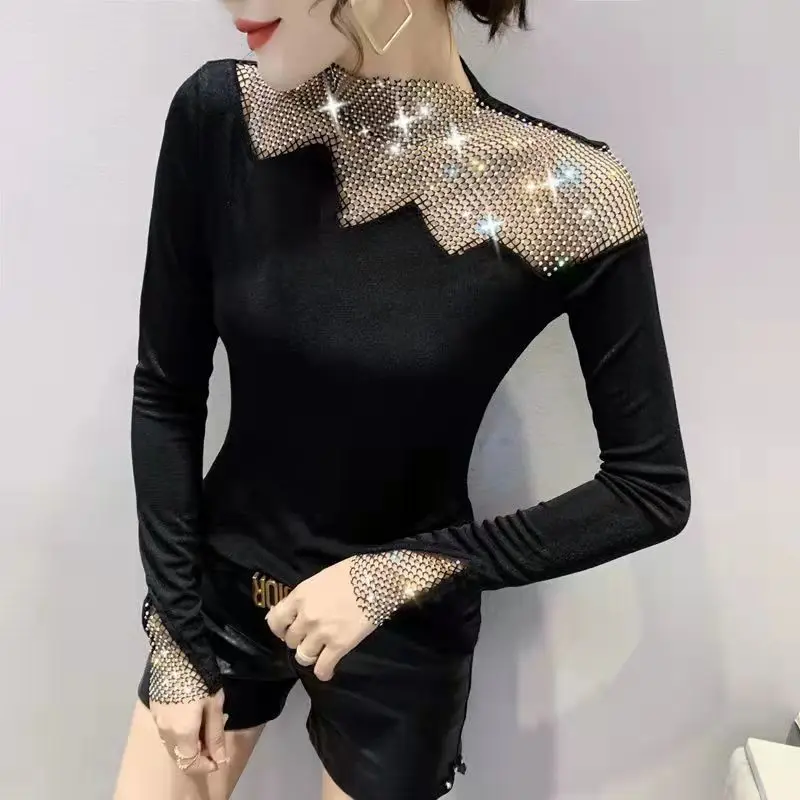 Elegant Spliced Gauze Hollow Out Diamonds Blouse Women\'s Clothing 2023 Spring New Casual Pullovers Loose Chic Shirt