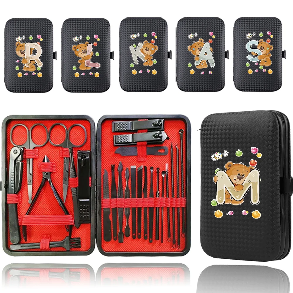 

24Pcs Stainless Steel Manicure Tool Nail Clipper Set Organizer Box Portable Pedicure Kit Bag Multifunctional Bear Letter Pattern