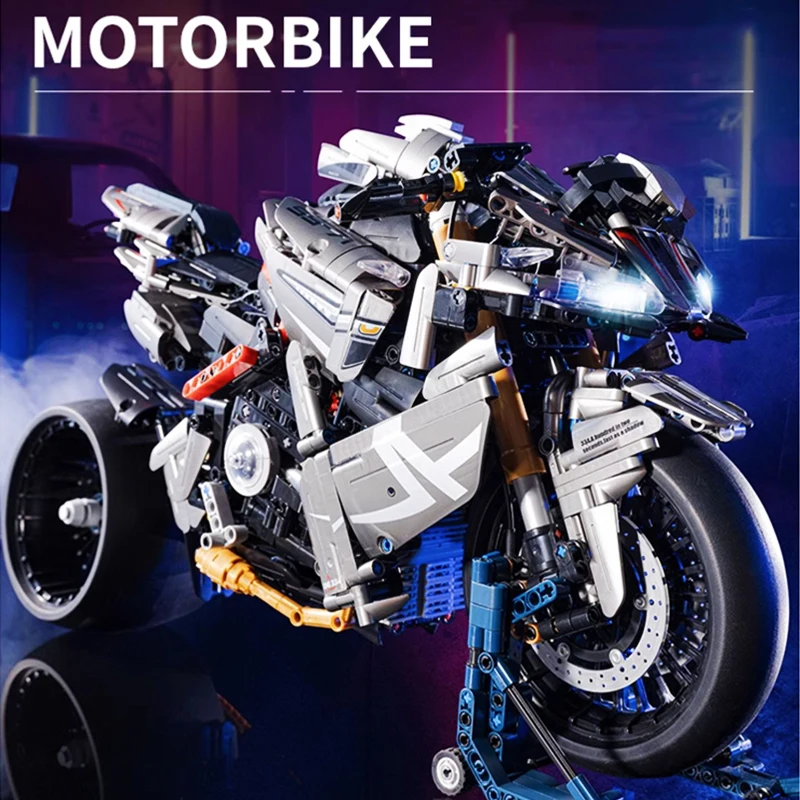 1:5 High-Tech B-King Motorcycle Building Blocks Technical  City Locomotive Motorbike Bricks Model Toys For Boy Gift MOC With LED