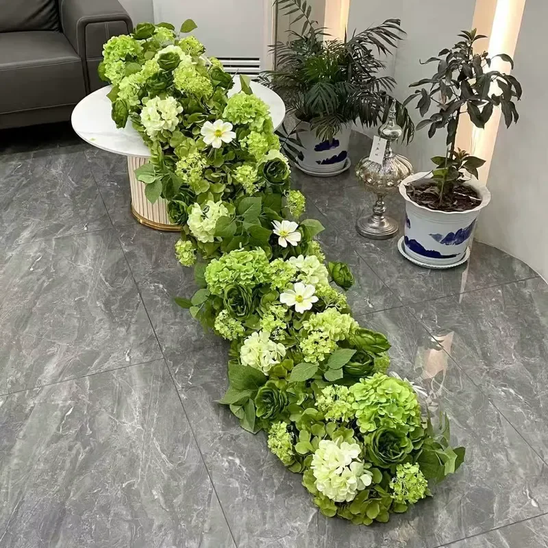 Wholesale Realistic High Density Artificial Flower Row Silk Hydrangea Greenery Runner for Wedding Stage Mall Window Decor