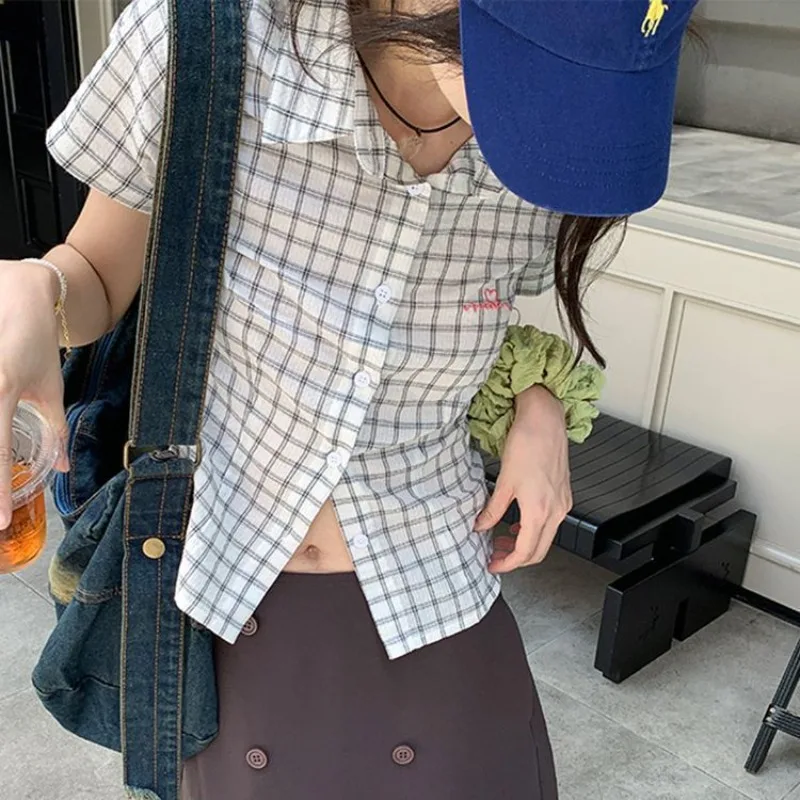 Deeptown Vintage Plaid Shirts Women Preppy Graphics Embroidery Short Sleeve Slim Cropped Blouses Korean Fashion Casual Basic