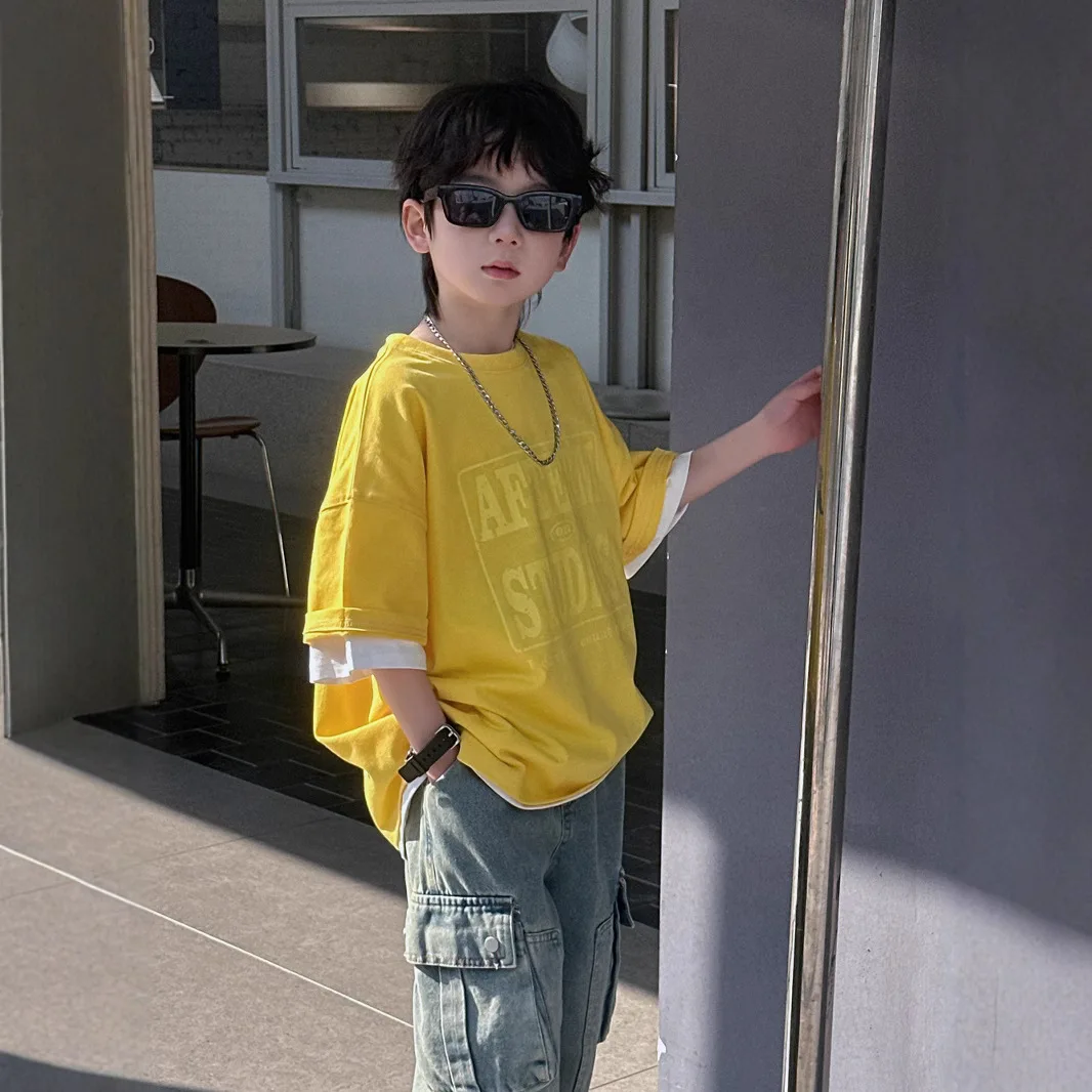 2025 Spring/Summer New Children's Candy Color Short Sleeve T-shirt Made of Pure Cotton Heavy Weight 230g Loose T-shirt for Boys