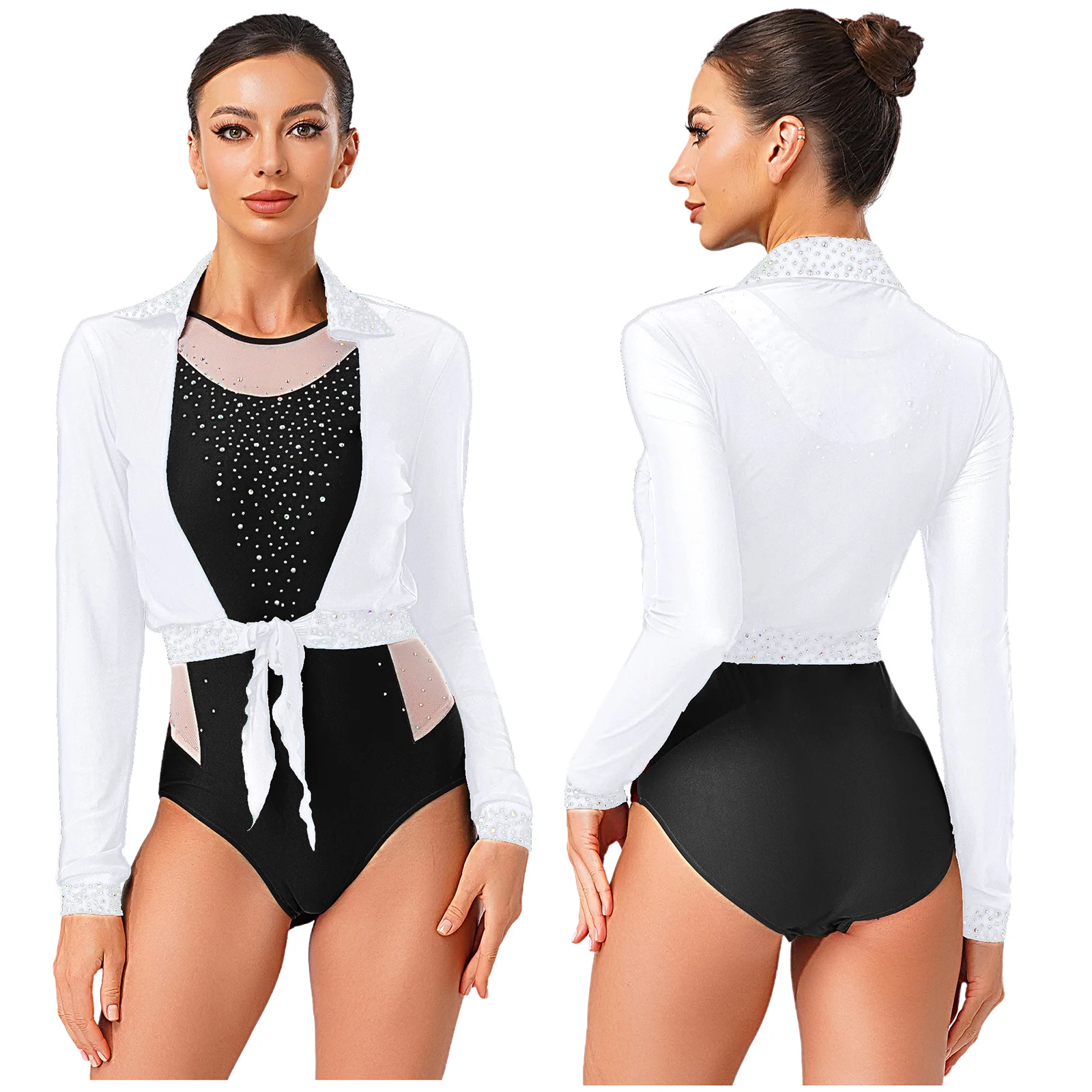 Damski bezrękawnik gimnastyczny z dżetami do baletu i tańca, trykot z siateczkowym kardiganem/szalem do łyżwiarstwa figurowego i akrobatyki.