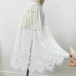 여름 여성 메쉬 레이스 투명 긴 Tulle 스커트 한국 패션 섹시한 숙녀 탄성 높은 허리 솔리드 비치 미디 스커트