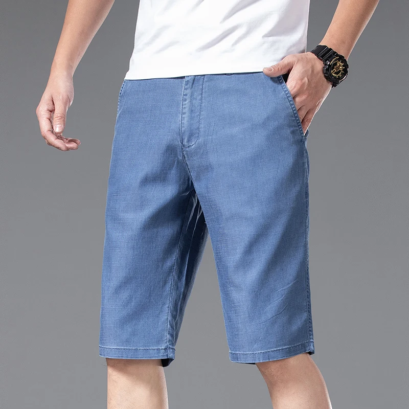 Ultra-thin Denim Shorts Men Clothing Soft Breathable Lyocell Fabric Straight Loose Ankle-length Ice Silk Short Pants