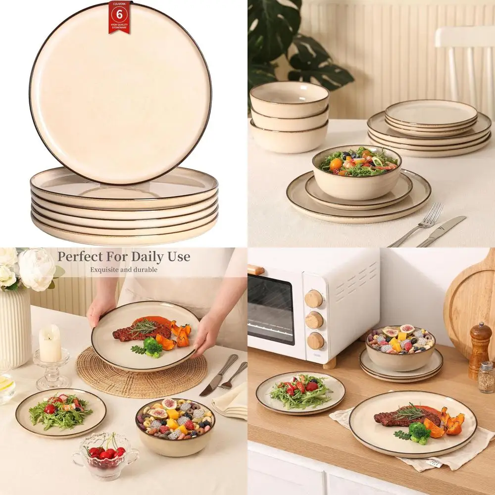 

Set of 6 Ceramic Stoneware Plates, 10.7 Reactive Glaze, Microwave & Dishwasher Safe, Scratch-Resistant Beige Dinnerware