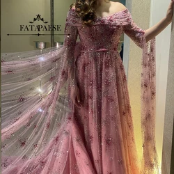 FATAPAESE  Customized Sparking Prom Gown with Cap Tulle Long Fluffy Sleeve Fully Sequin Flower Fabric Cathedral Tail Formal Ball