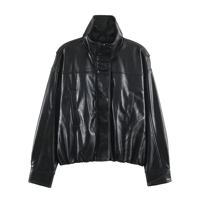 Guobioziy 2026 Women's Jacket Fall/Winter New Black Long-Sleeve Biker Faux Leather Loose Jacket Parka Stylish and Trendy