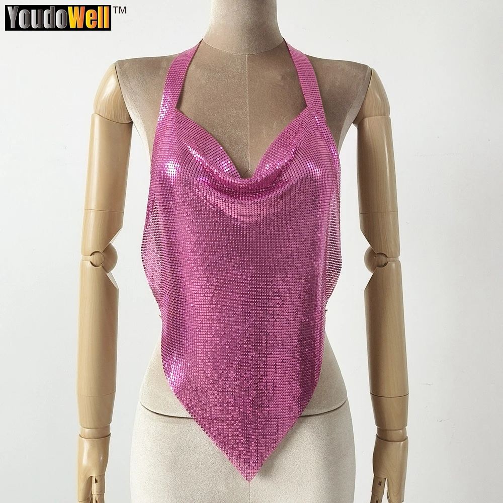 Pink Sequin Backless Metallic Vest, Fashionable and Elegant Suspender, Shoulder Top, Summer Fashion, 2023