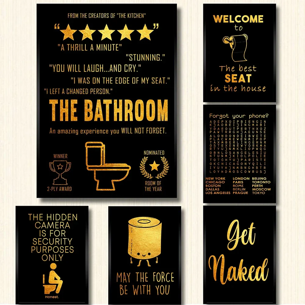 Black Golden Wall Art Canvas Painting Modern Funny Bathroom Rules Sign Poster Prints Toilet Humour Pictures Bathroom Home Decor