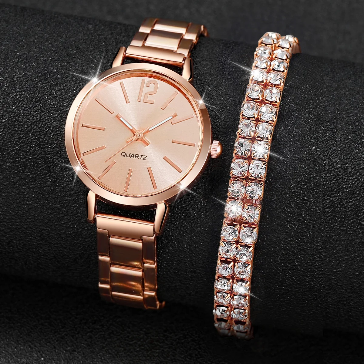 Montre à quartz simple pour femme, bracelet en acier inoxydable, bracelet double diamant, mode, ensemble de 4 pièces