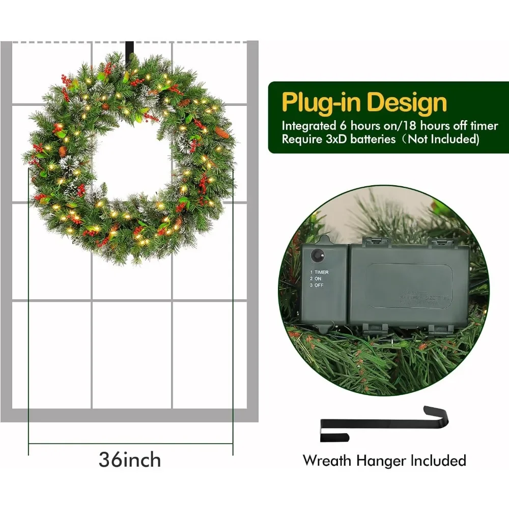 Artificial Christmas Wreath with 150 Warm White LED Lights, 289 Branch Tips, Battery Operated, 36 Inches, Wintry Pine Style